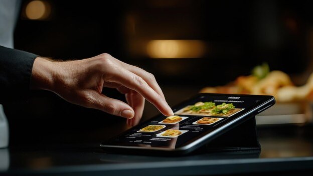 Pessoa a tocar no ecrã de um tablet com o menu digital de um restaurante, a consultar os pratos disponíveis.