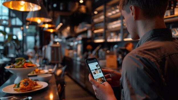 Hóspede a consultar opções de restauração no smartphone, num ambiente de hotel.