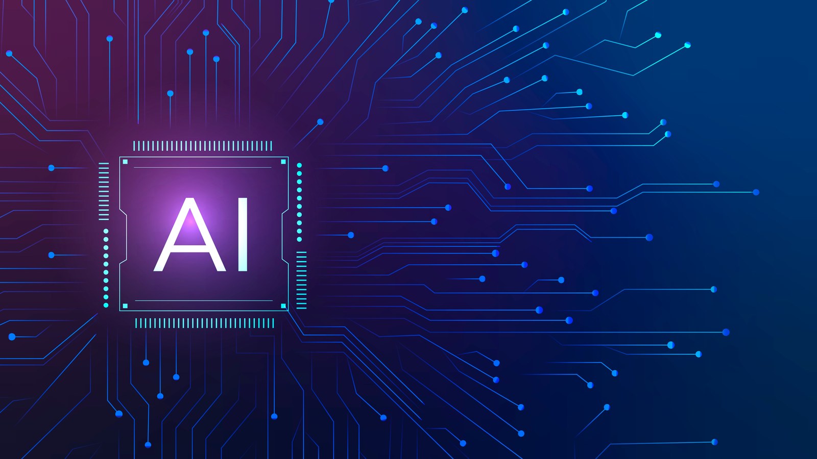 Circuito eletrónico iluminado a azul, representando a automação e a inteligência artificial aplicada à gestão de ementas.