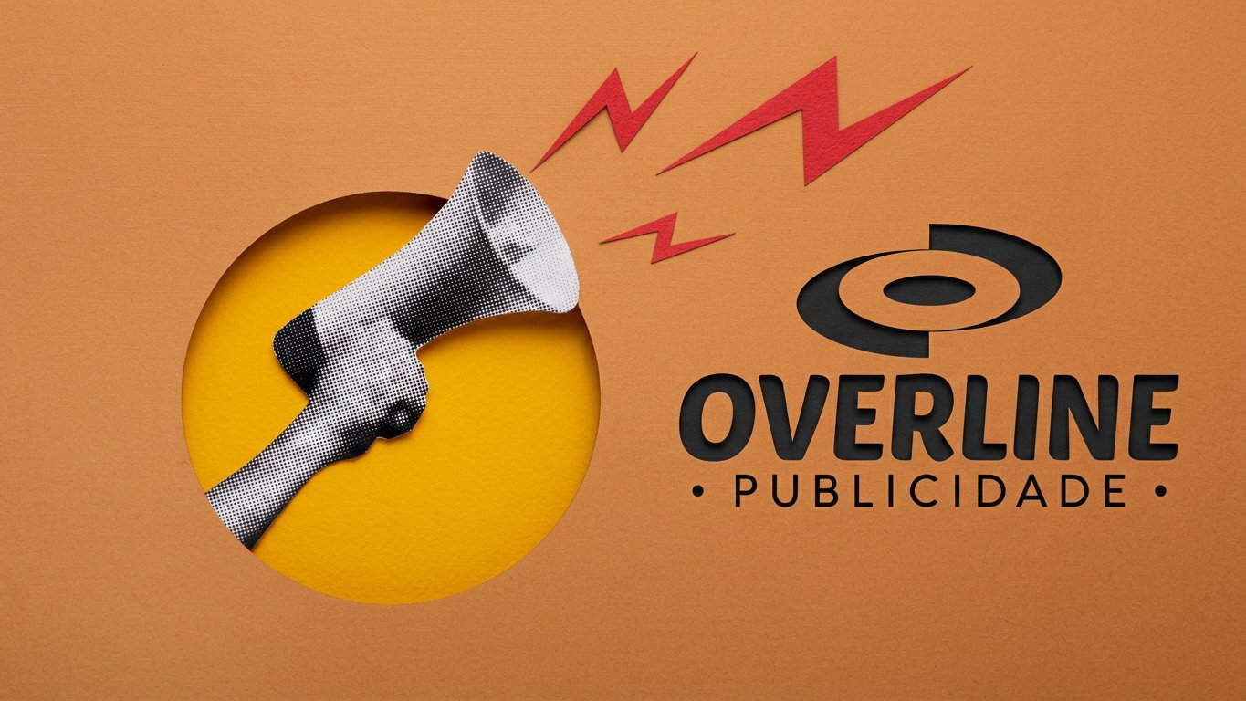 Ilustração de um megafone a sair de um recorte circular amarelo, ao lado do logótipo da Overline Publicidade.