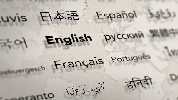 Folha de papel com um mapa-múndi ao fundo, mostrando o nome de vários idiomas em destaque, incluindo Português e Inglês.